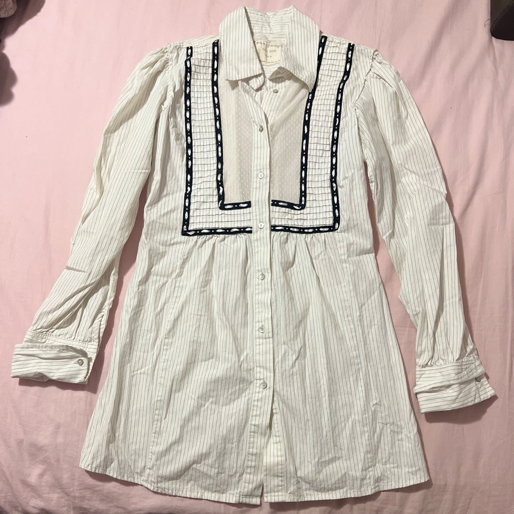 Vintage Free People White Striped Long Sleeve Shirt with Black Trim